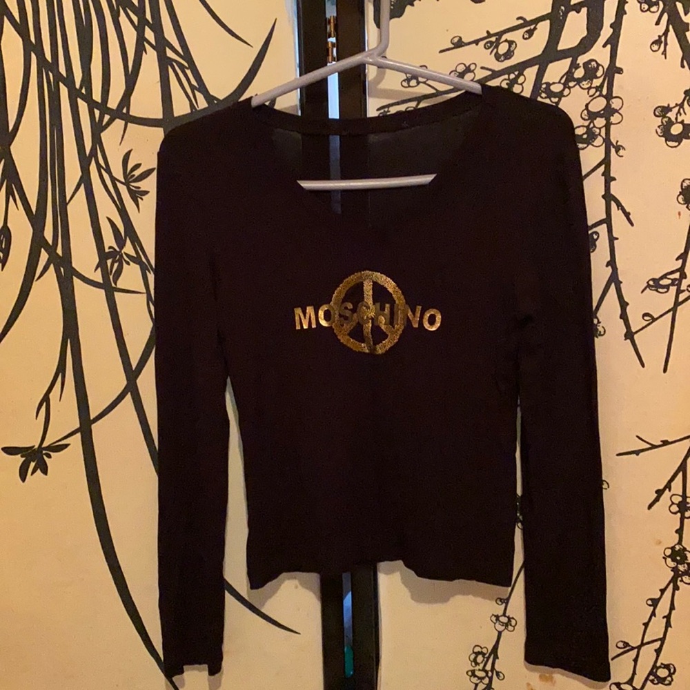 VTG Moschino Women’s Black T-Shirt W/Gold Logo & Peace Sign